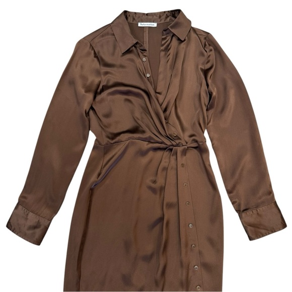 NWT Sold Out Reformation Lyon Silk Midi Shirt Dress in Brown Size 6 - Picture 6 of 12